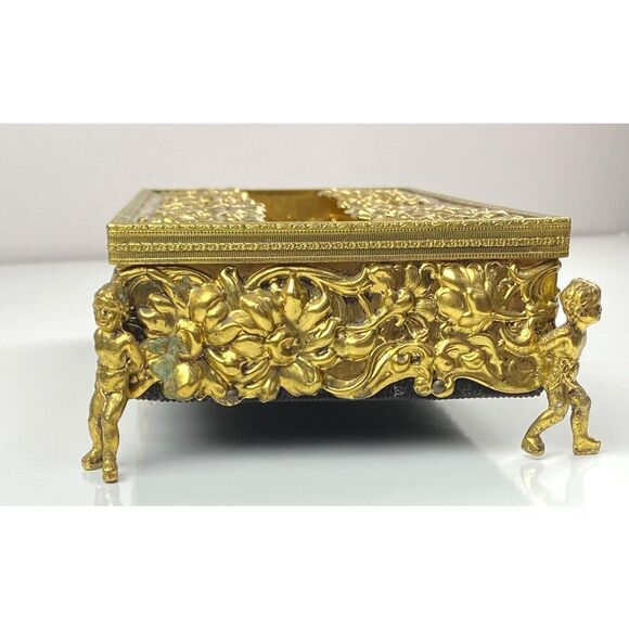 Vtg Cherub Angel Footed Tissue Box Vanity Patina Ormolu Flowers Baroque Rococo E - Picture 6 of 9